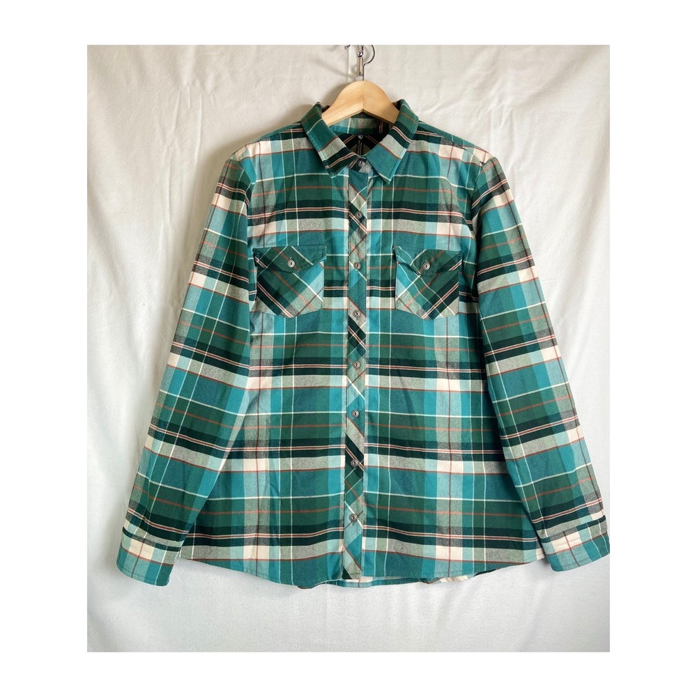 KÜHL Women's Plaid Flannel Shirt XL Green Button Front Outdoor Hiking Casual